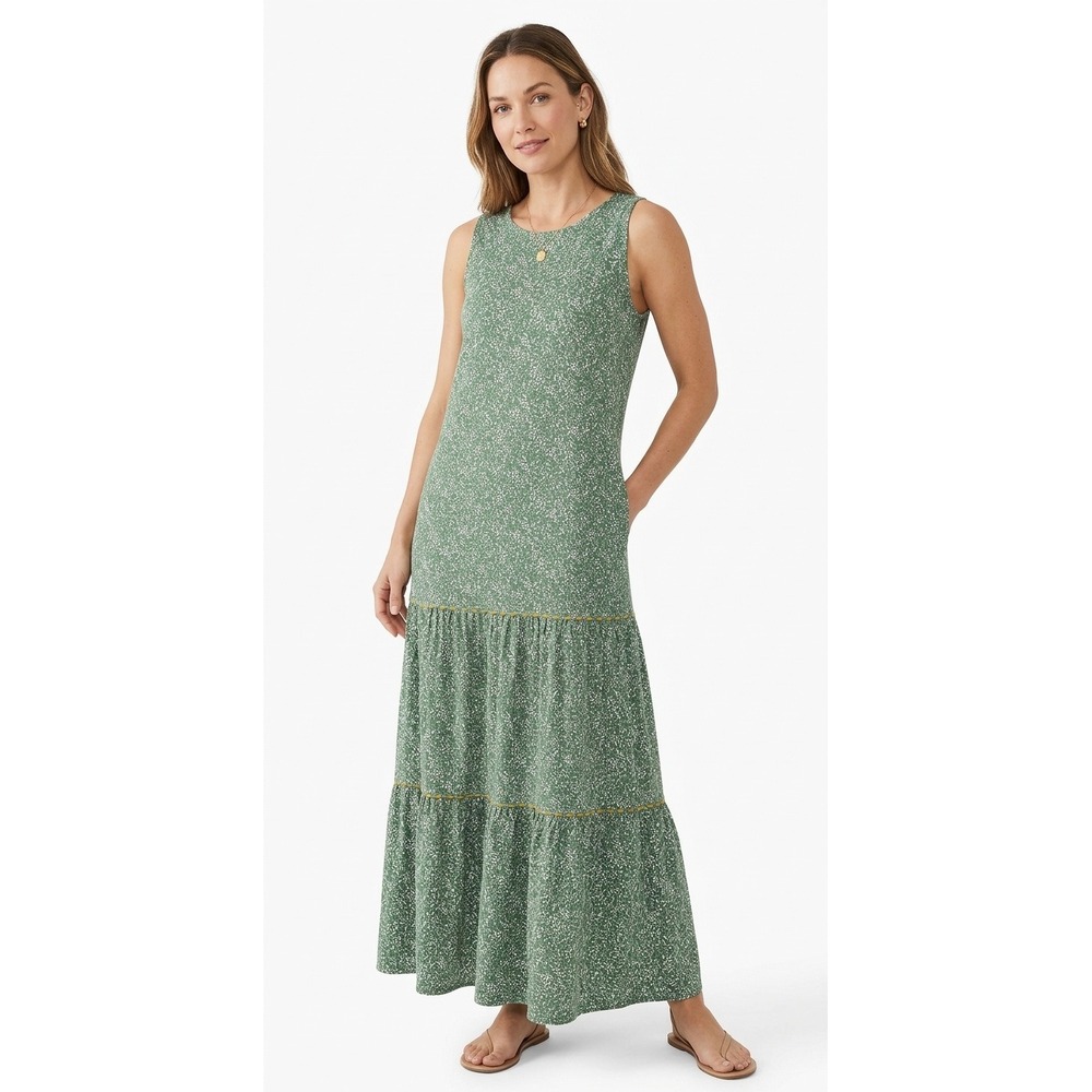 J. Jill Maxi Dress Green Floral Tiered Sleeveless Cotton Blend - Medium